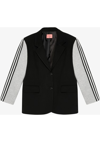 Şerit Detaylı Garnili Oversize Blazer Ceket Siyah
