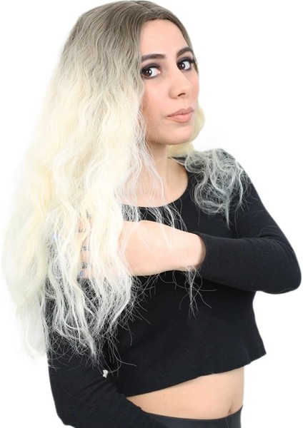 Kabarık Dalgalı Uzun Fiber Sentetik Peruk - Küllü Açık Kahve / Platin Ombreli fiyatları