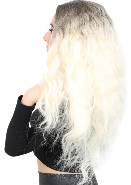 Kabarık Dalgalı Uzun Fiber Sentetik Peruk - Küllü Açık Kahve / Platin Ombreli modelleri