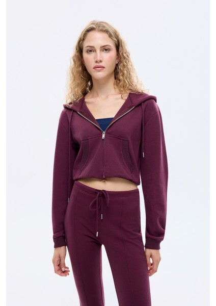 Kapüşonlu Fermuarlı Basic Sweatshirt Bordo