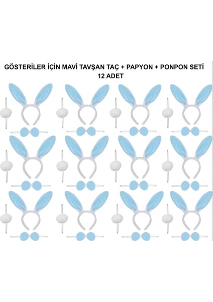 Mavi Tavşan Kostüm Seti – Taç, Papyon, Ponpon (12’li Paket)
