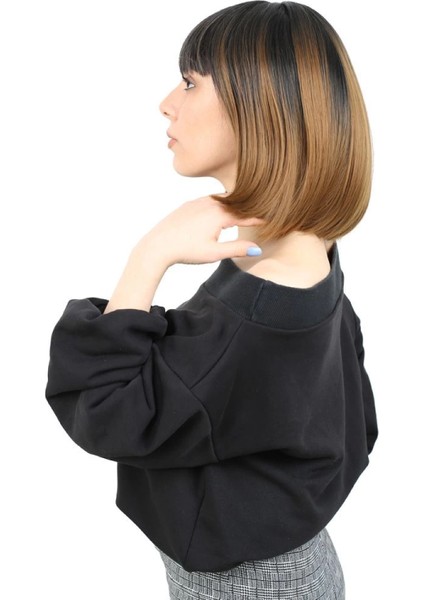 Kısa Küt Perçemli Fiber Sentetik Peruk - Siyah / Karamel Ombreli modelleri