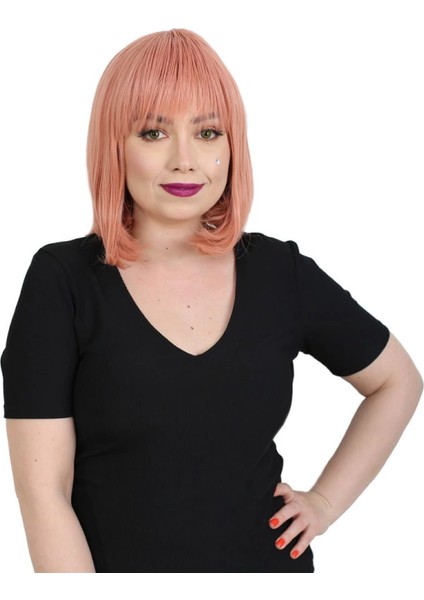 Küt Kahküllü Fiber Sentetik Peruk - Gül Kurusu