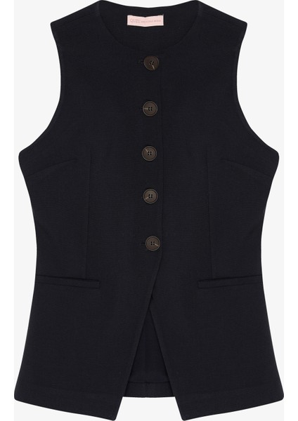 Ön Yırtmaç Detaylı Yuvarlak Yaka Düğmeli Yelek Ceket Lacivert