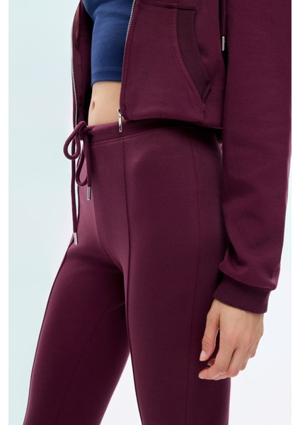 Beli Bağcıklı Dikiş Detaylı Ispanyol Paça Pantolon Bordo modelleri