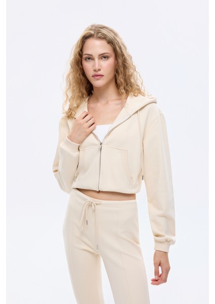 Kapüşonlu Fermuarlı Basic Sweatshirt Bej