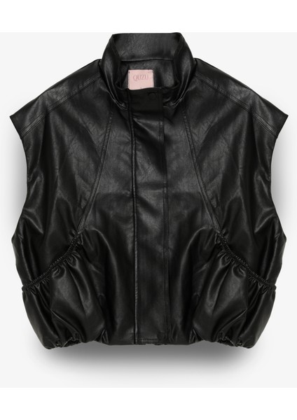 Büzgü Detaylı Dik Yaka Deri Yelek Siyah fiyatları