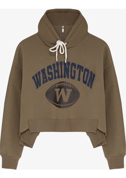 Dik Yaka Detaylı Önü Baskılı Kapüşonlu Sweatshirt Haki
