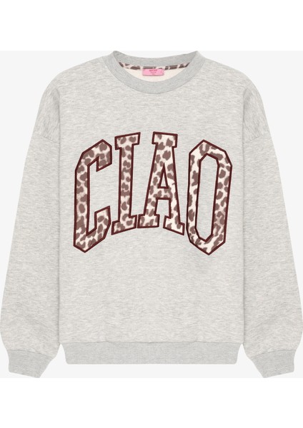 Leopar Desenli Yazı Baskılı Oversize Sweatshirt Grimelanj