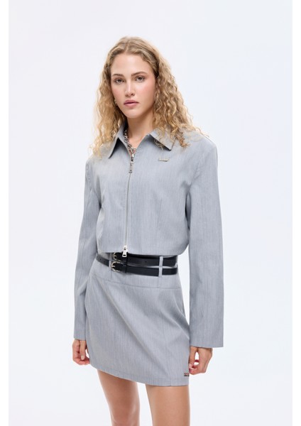 Gömlek Yaka Fermuarlı Kısa Ceket Gri