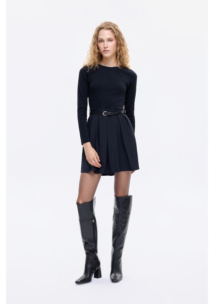 Beli Kemerli Garnili Basic Mini Elbise Siyah