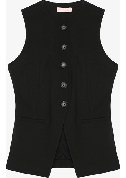 Ön Yırtmaç Detaylı Yuvarlak Yaka Düğmeli Yelek Ceket Siyah