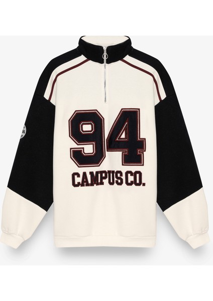 Dik Yaka Fermuarlı Renk Bloklu Oversize Sweatshirt Ekru