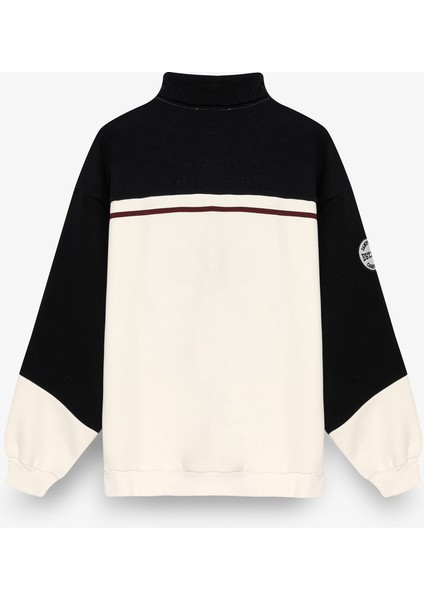 Dik Yaka Fermuarlı Renk Bloklu Oversize Sweatshirt Ekru fırsatları