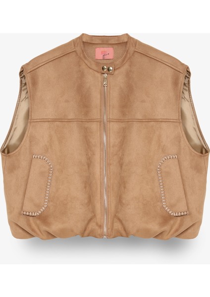 Zikzak Dikiş Detaylı Beli Lastikli Süet Görünümlü Yelek Bej fiyatları