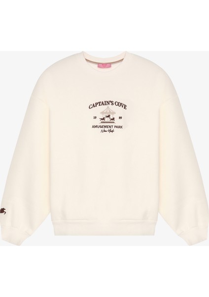 Atlı Karınca Figürlü Yazı Nakışlı Oversize Sweatshirt Ekru