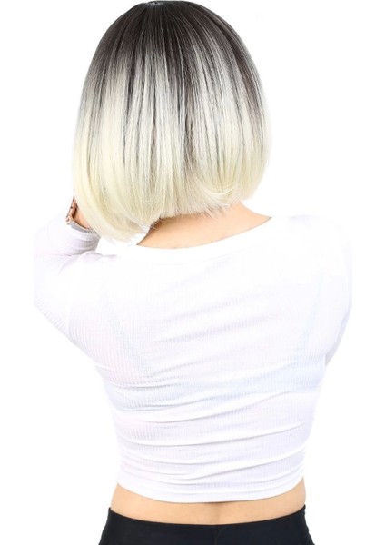 Kahkülsüz Düz Kısa Fiber Sentetik Peruk - Küllü Siyah / Platin Ombreli fırsatları