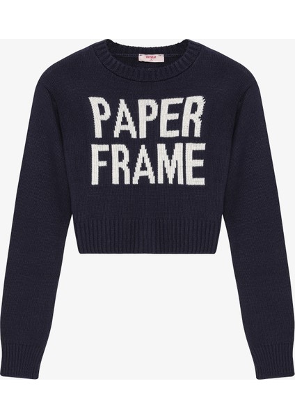 Paper Frame Yazılı Crop Triko Kazak Lacivert