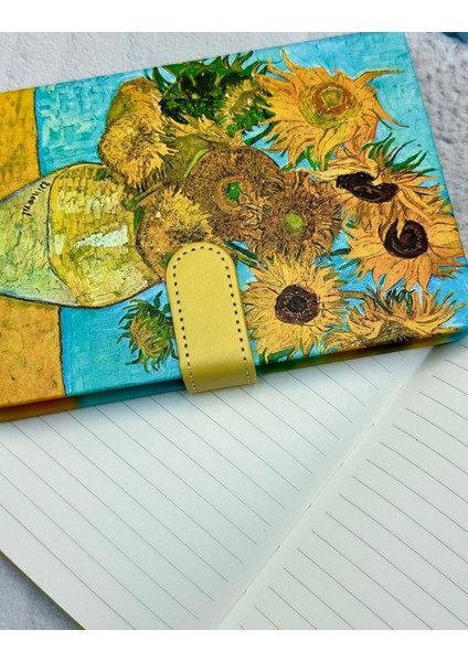 Van Gogh 15 Ayçiçekli Vazo Desenli Çizgili Sert Kapak Mıknatıslı Defter fiyatları