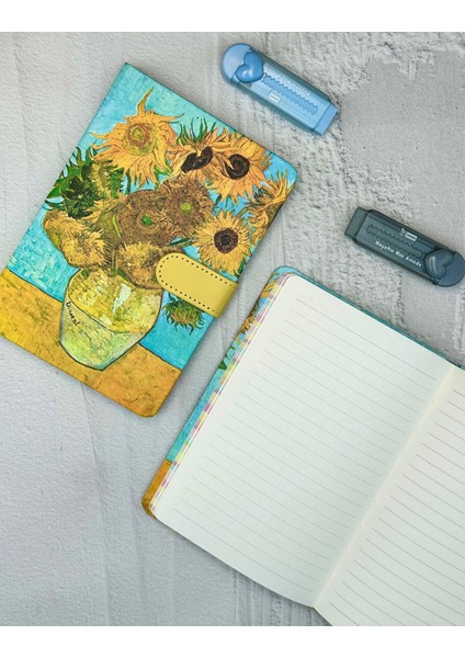 Van Gogh 15 Ayçiçekli Vazo Desenli Çizgili Sert Kapak Mıknatıslı Defter indirimleri