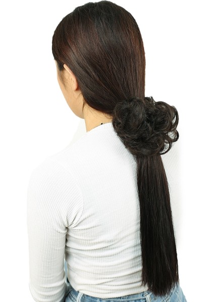 Saçlı Lastikli Topuz Toka - Kahverengi