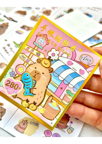 Sevimli Sanrio Karakterli Capybara 12 Yaprak Mini Defter Sticker Pembe Renk indirimleri