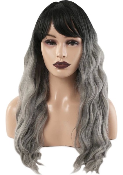 Perçemli Uzun Su Dalgası Fiber Sentetik Peruk - Siyah - Gri Ombreli