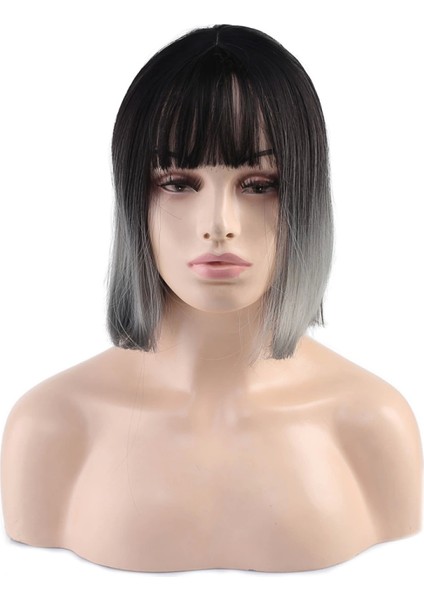 Küt Perçemli Fiber Sentetik Peruk - Siyah - Gri Ombreli