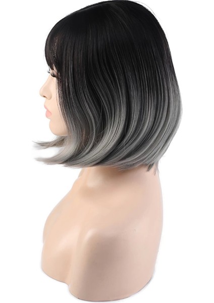 Küt Perçemli Fiber Sentetik Peruk - Siyah - Gri Ombreli modelleri