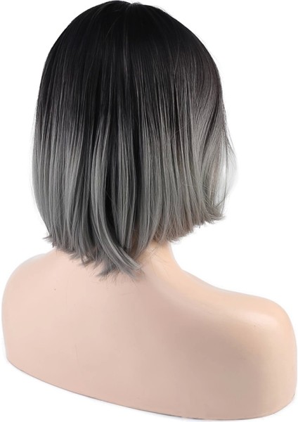Küt Perçemli Fiber Sentetik Peruk - Siyah - Gri Ombreli fırsatları