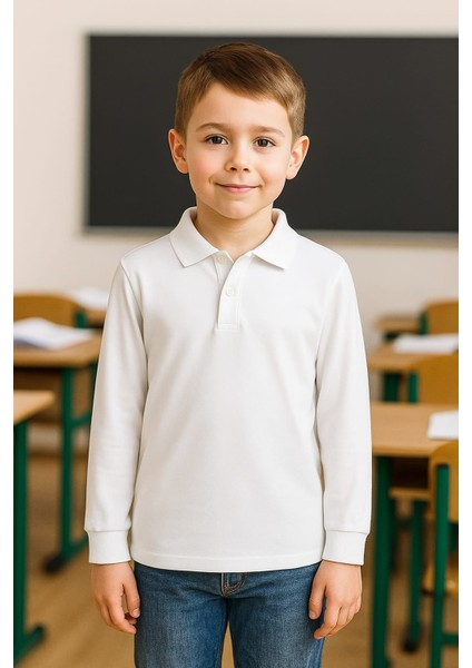 Beyaz Okul T-Shirt , Beyaz Uzun Kollu Polo Yaka Kız Erkek Çocuk Unisex Okul Tişörtü