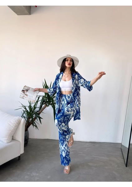 Desenli Kimono &amp; Pantolon Ikili Takım- Mavi