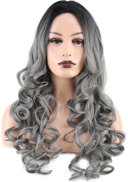 Dalgalı Perçemsiz Uzun Fiber Sentetik Peruk - Siyah - Gri Ombreli