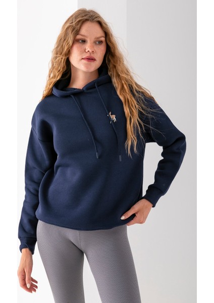 Kadın Kapüşonlu Ceylan Nakışlı 3ip Sweatshirt Lacivert - 2622 fırsatları