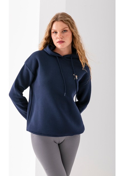 Kadın Kapüşonlu Ceylan Nakışlı 3ip Sweatshirt Lacivert - 2622