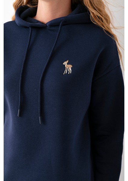 Kadın Kapüşonlu Ceylan Nakışlı 3ip Sweatshirt Lacivert - 2622