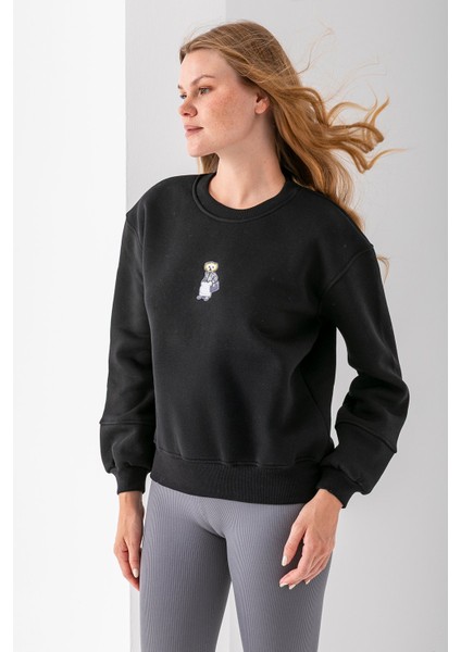 Kadın Bisiklet Yaka Çantalı Ayıcık Nakışlı 3ip Sweatshirt Siyah - 2626