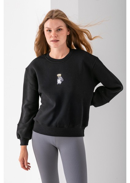 Kadın Bisiklet Yaka Çantalı Ayıcık Nakışlı 3ip Sweatshirt Siyah - 2626 modelleri