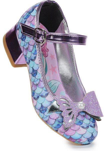 Deniz Kızı Inci Fiyonklu Simli Kız Çocuk Topuklu Abiye Ayakkabı