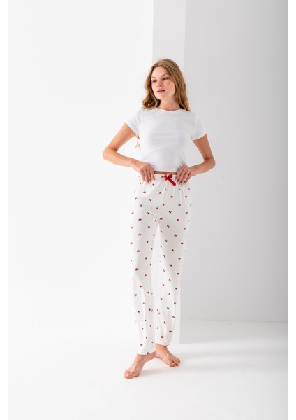 Kadın Beli Lastikli Kiraz Desenli Pijama Altı Beyaz - 2059