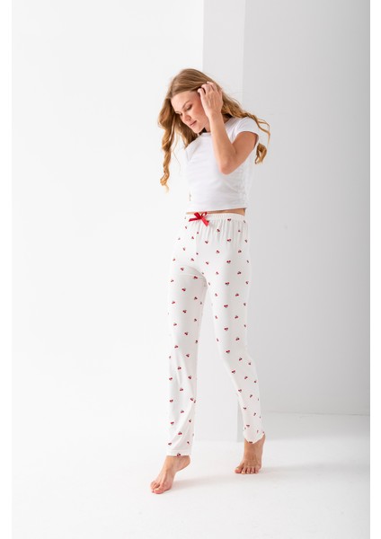 Kadın Beli Lastikli Kiraz Desenli Pijama Altı Beyaz - 2059 fiyatları