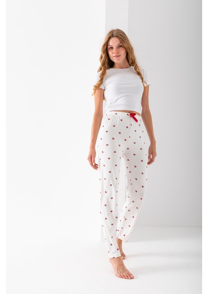 Kadın Beli Lastikli Kiraz Desenli Pijama Altı Beyaz - 2059 modelleri
