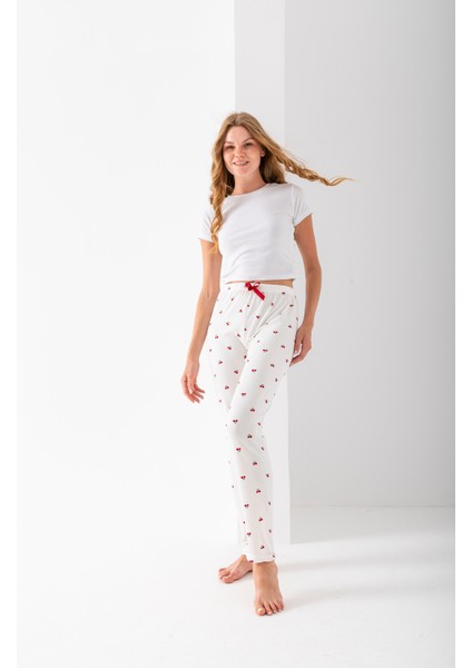Kadın Beli Lastikli Kiraz Desenli Pijama Altı Beyaz - 2059 fırsatları
