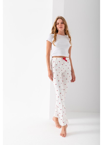 Kadın Beli Lastikli Kiraz Desenli Pijama Altı Beyaz - 2059 indirimleri