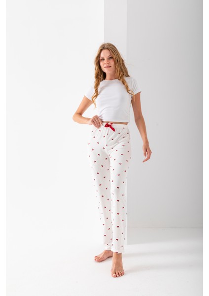Kadın Beli Lastikli Kiraz Desenli Pijama Altı Beyaz - 2059