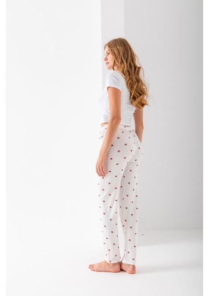 Kadın Beli Lastikli Kiraz Desenli Pijama Altı Beyaz - 2059