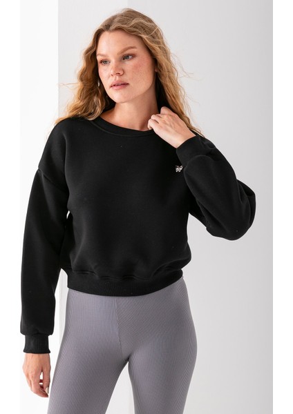 Kadın Bisiklet Yaka Kelebek Aksesuarlı 3ip Crop Sweatshirt Siyah - 2670