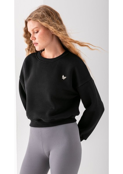 Kadın Bisiklet Yaka Kelebek Aksesuarlı 3ip Crop Sweatshirt Siyah - 2670 modelleri
