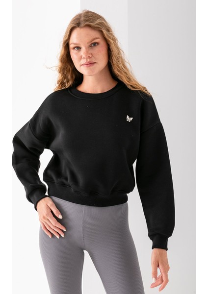 Kadın Bisiklet Yaka Kelebek Aksesuarlı 3ip Crop Sweatshirt Siyah - 2670 fırsatları