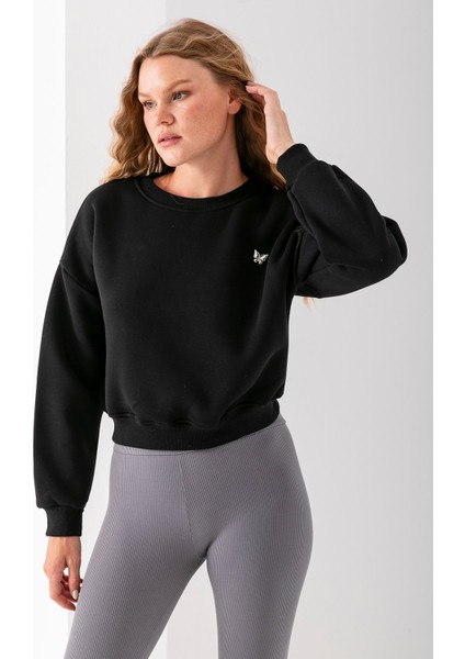 Kadın Bisiklet Yaka Kelebek Aksesuarlı 3ip Crop Sweatshirt Siyah - 2670 indirimleri